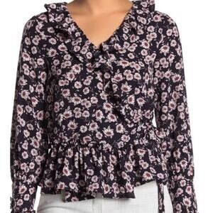 Everleigh Navy Floral Ruffle Wrap Tie Blouse-Long Sleeve, Peplum Medium